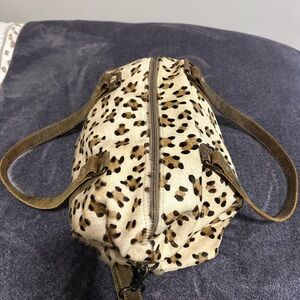 Myra Cheetah Print weekender tote /overnight bag with Brown Leather Straps